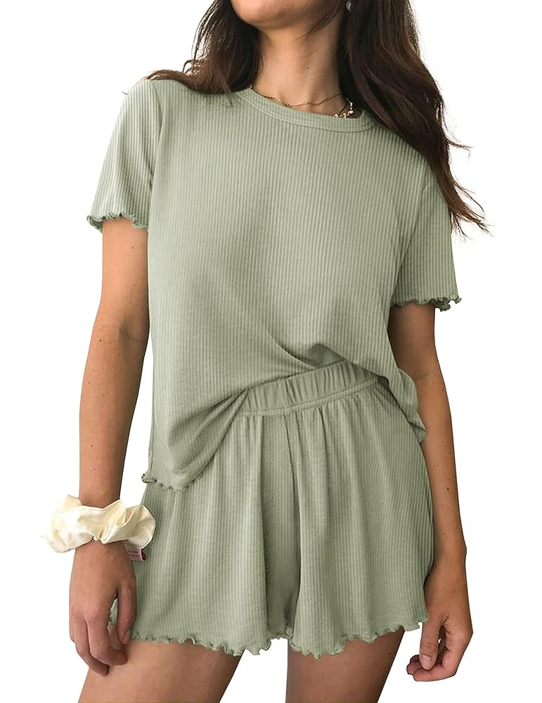 Ekouaer Womens Pajamas 2 Piece Ribbed Knit Pjs Short Sleeve Sleepwear Set Summer Soft Pajamas Set... | Amazon (US)