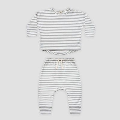 Q by Quincy Mae Baby 2pc Striped Brushed Jersey Top & Bottom Set - Ivory/Blue Fog | Target