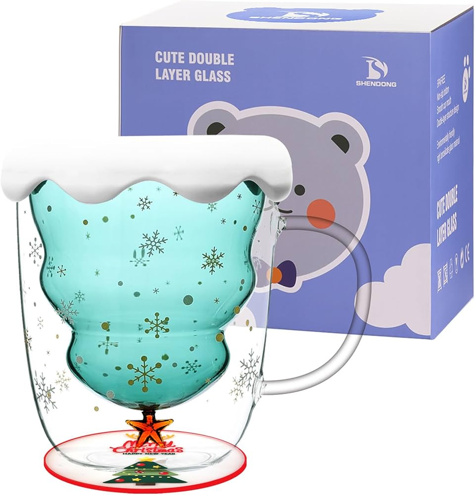 SHENDONG Christmas Tree Coffee Mugs Cute Mugs with Lid Tea Cup Milk Cup Double Wall Insulated Gla... | Amazon (US)