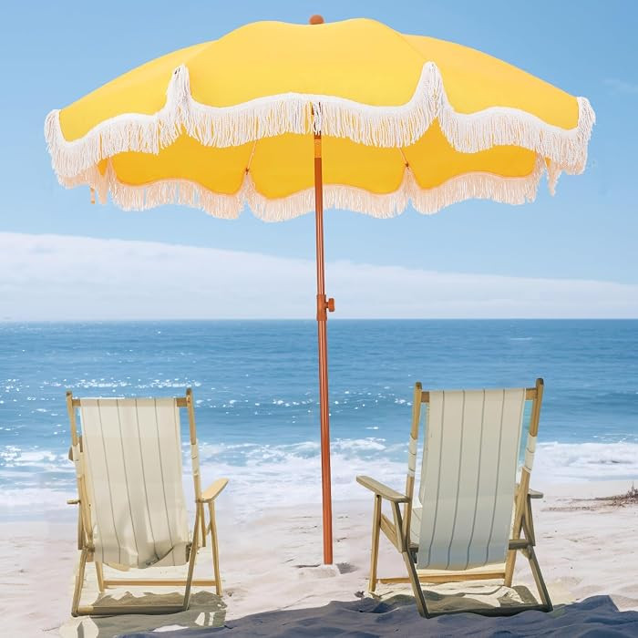 PHI VILLA 7ft Fringe Beach Umbrella with Sand Anchor, Outdoor Patio Portable Beach Umbrella for S... | Amazon (US)