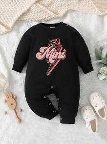 1pc Baby Girls' Cute Leopard, Lightning & Letter Printed Jumpsuit, Spring & Autumn | SHEIN