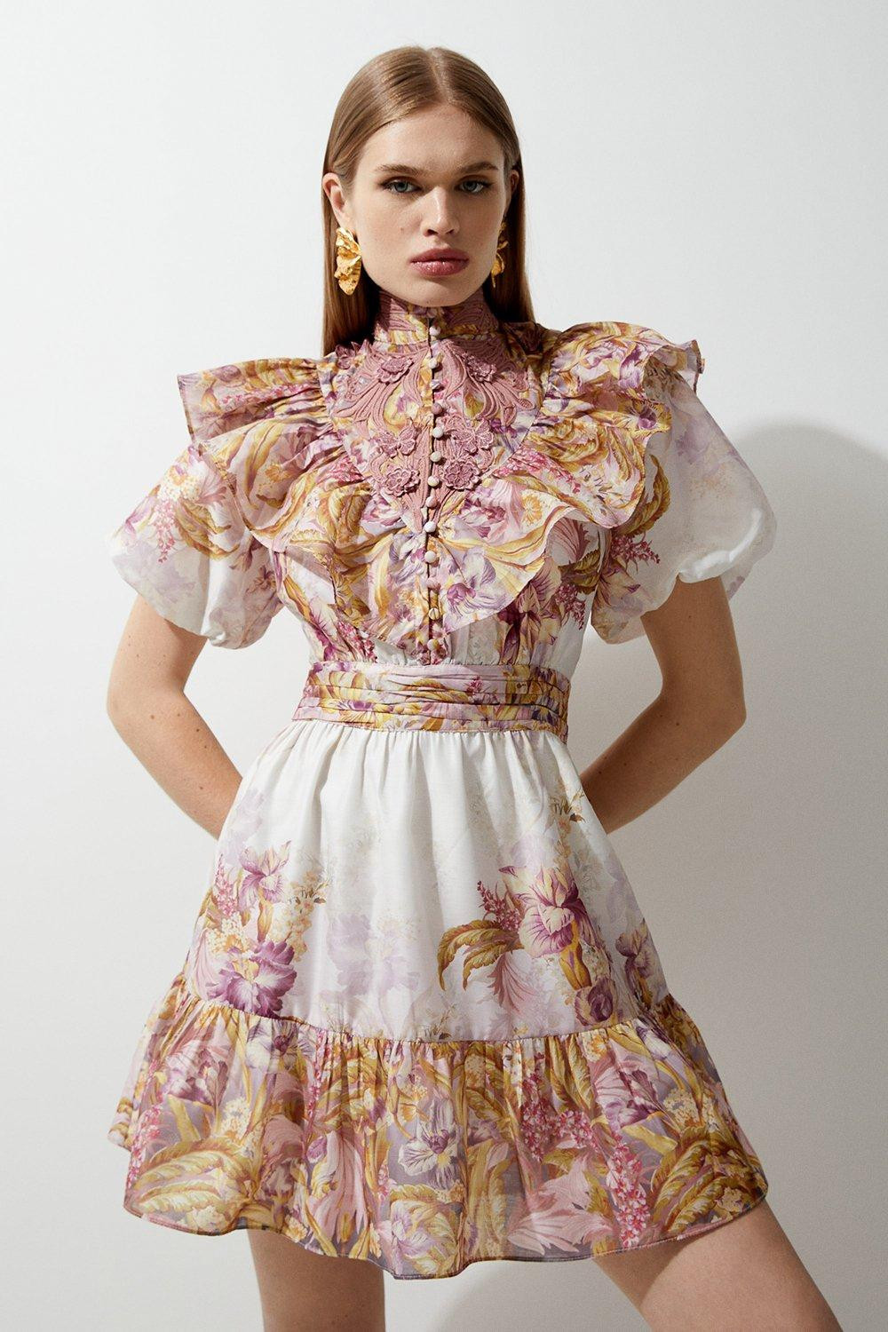 Floral Applique Crinkle Woven Mini Dress | Karen Millen US