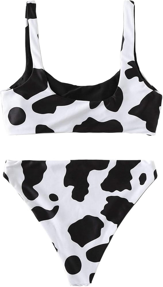 SweatyRocks Women's Swimwear Set Solid Scoop Neck High Waisted Bikini Swimsuits | Amazon (US)