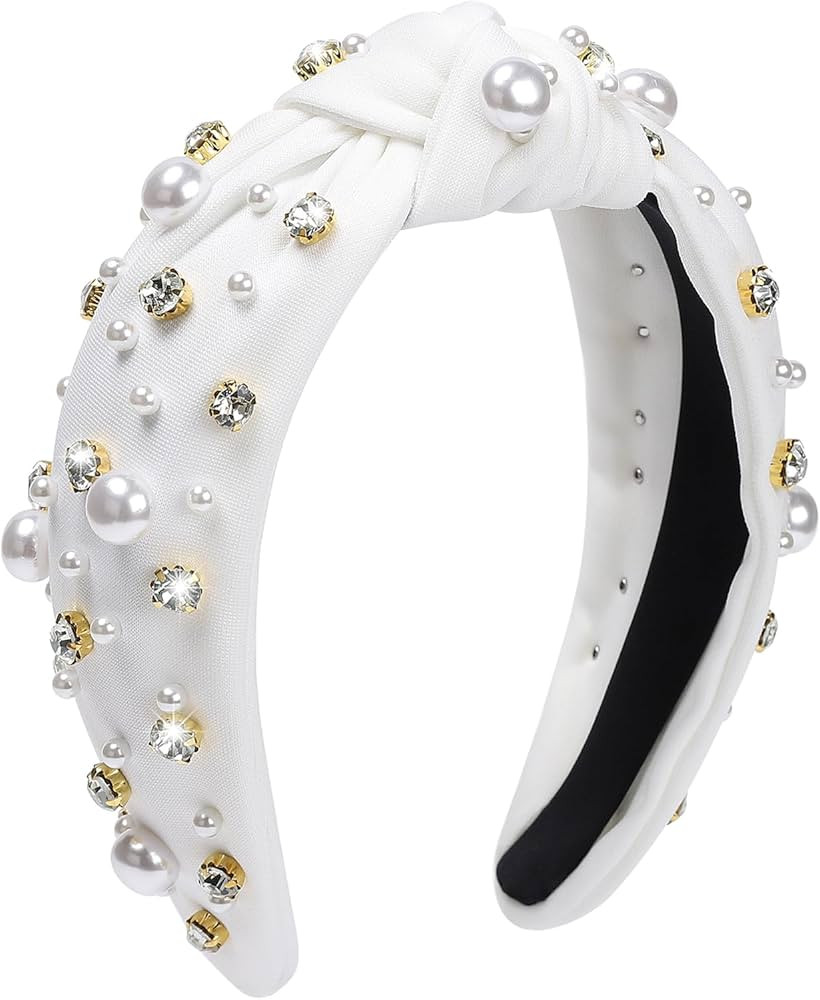 WantGor Pearl Knotted Headband, Women Rhinestone Embellished Hairband Elegant Wide Top Knot Bride... | Amazon (US)