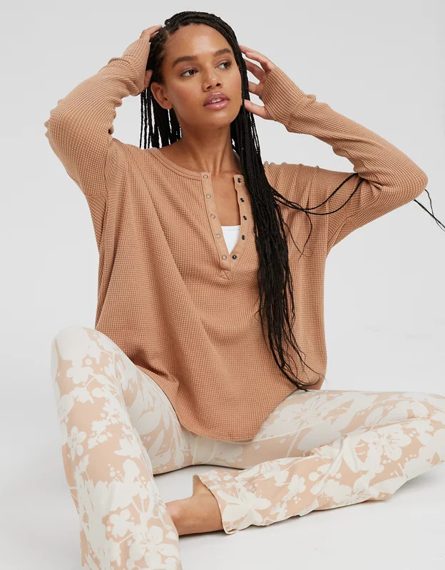 OFFLINE By Aerie Way Back Waffle Henley Long Sleeve T-Shirt | American Eagle Outfitters (US & CA)