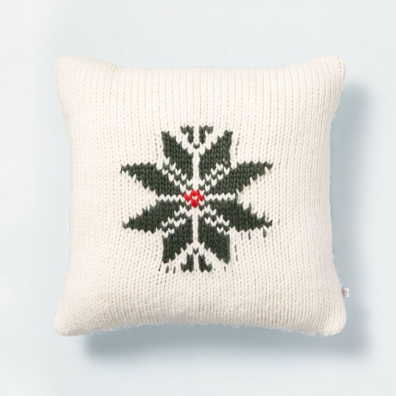 18"x18" Snowflake Jacquard Knit Square Throw Pillow Green/Red/Cream - Hearth & Hand™ with Magno... | Target