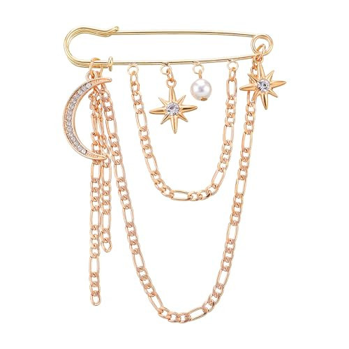 Gold Vintage Brooch Pins for Women Girls Fashion Rhinestone Star Moon Safety Pin Brooch with Chain Pearl Charms Layered Long Tassel Chain Brooch Elegant Decorative Clothes Pins for Suit Sweater Hat | Amazon (US)