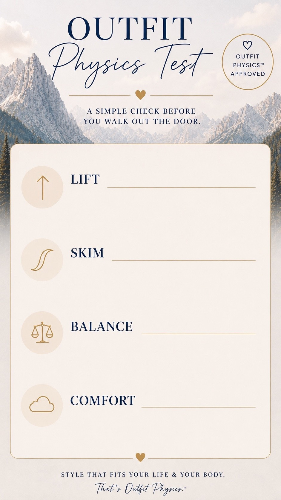 ✨Tap the bell, save and ❤️ start here over 40 fashion, midlife style, midsize fashion and luxury looks for less.  

Use this chart as a quick Outfit Physics™ check before you leave: LIFT the eye, SKIM the middle, BALANCE your proportions, and make sure it passes the COMFORT test. 

👑 Helping you look good, feel good.-Lindsey Denver   

Check back daily for belly-friendly style, confidence, and Outfit Physics™.

#LTKOver40 #LTKMidsize #LTKPlusSize