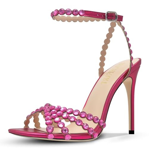 HOCHFART Women's Rhinestone Stiletto High Heels Buckle Strappy Heeled Sandals Round Toe Sexy Dres... | Amazon (US)