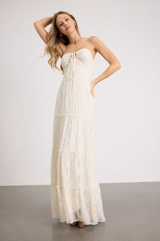 Nora Ivory Lace Strapless Tiered Maxi Dress | Lulus