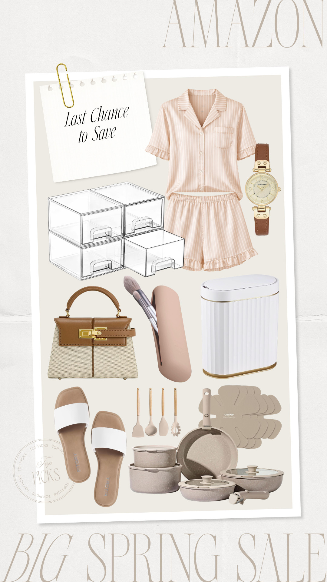 Last day to save on these home and style deals with Amazon's Big Spring Sale!

satin pajamas, summer pjs, spring pajamas, pink pajamas, brown watch, accessories, neutral handbag, top handle bag, brown purse, spring style, white sandals, summer sandals, cookware, pots and pans set, makeup brush holder, organization drawers, fluted trash can, bathroom trash can, small trash can, motion sense trash can 

 #LTKSeasonal #LTKHome #LTKSaleAlert