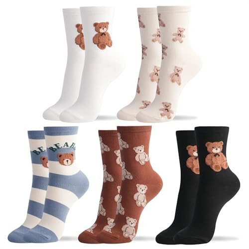 Womens Cotton Crew Socks 5 Pack, Cute Bear Animal Character Striped, Bear B | Amazon (US)