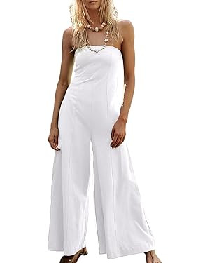 Women's Strapless Jumpsuit Casual Off Shoulder Back Cutout Wide Leg Side Slit Long Romper Playsui... | Amazon (US)