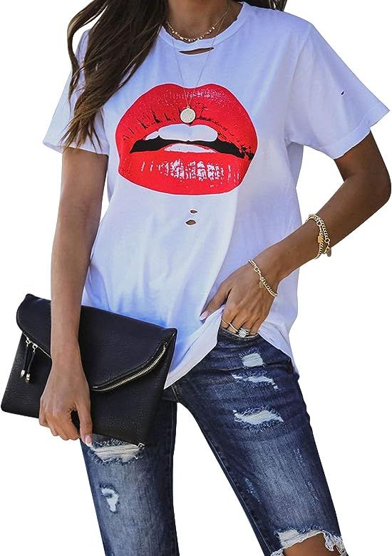 Womens Lip Print T Shirt Cute Graphic Top Short Sleeve Distressed Casual Tee Shirt | Amazon (US)