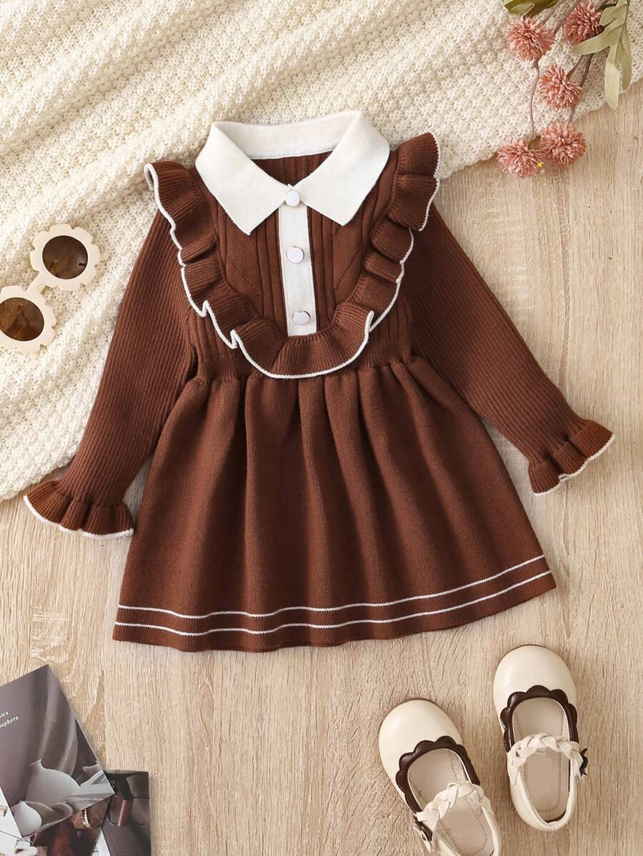 SHEIN Baby Girl Contrast Ruffle Trim Long Sleeve Sweater Fall Dress | SHEIN
