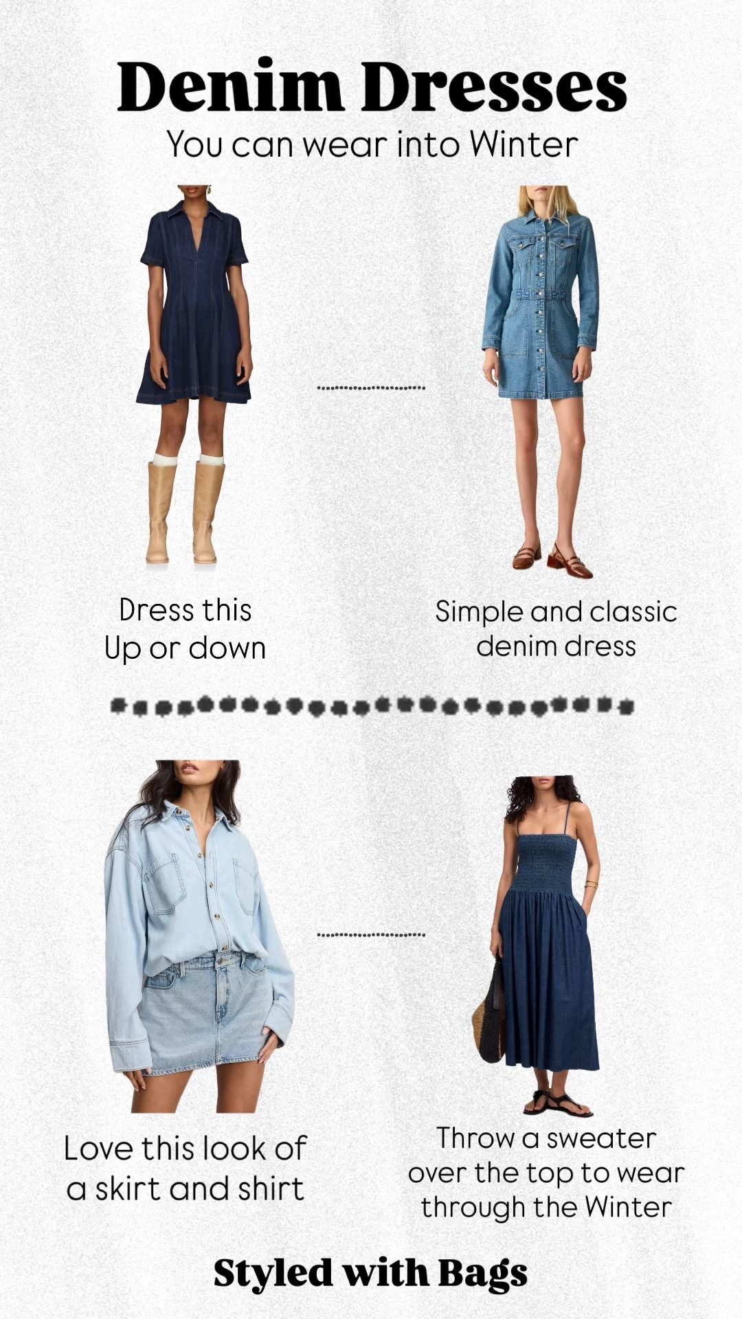 Denim dresses that can easily transition to Winter 

Women’s denim dresses, dresses that can transition to winter, denim dresses, western looking denim dresses, long denim dresses, short denim dress, classic denim dress, western style denim dress, fancy denim dress, casual denim dress