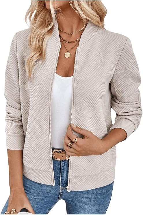 Verdusa Women's Zip Up Textured Lightweight Bomber Jacket Casual Long Sleeve Outerwear | Amazon (US)