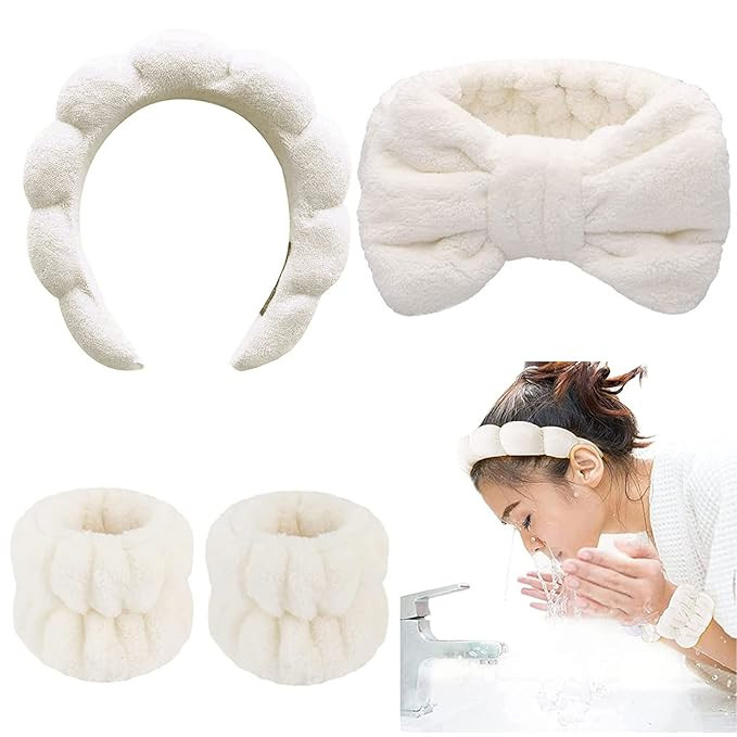 4-Piece Spa Headband & Wristband Set， Reusable Makeup & Skincare Accessories for Face Washing, ... | Amazon (US)