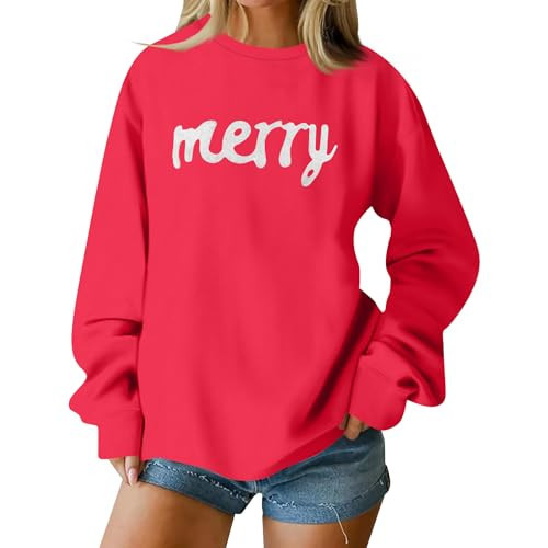 Christmas Sweatshirts For Women Funny Cute Plus Size Merry Christmas Shirts Xmas Crewneck Long Sleeve Pullover Tops Ladies Oversized Vintage Vacation Holiday Party Outfits 2025 Red M | Amazon (US)