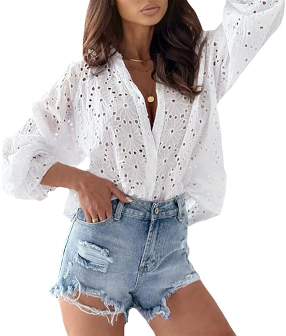 LOAIHA Women’s Eyelet Tops for Women V Neck Lace Patchwork Shirts Casual Hollow Out Flower Peta... | Amazon (US)