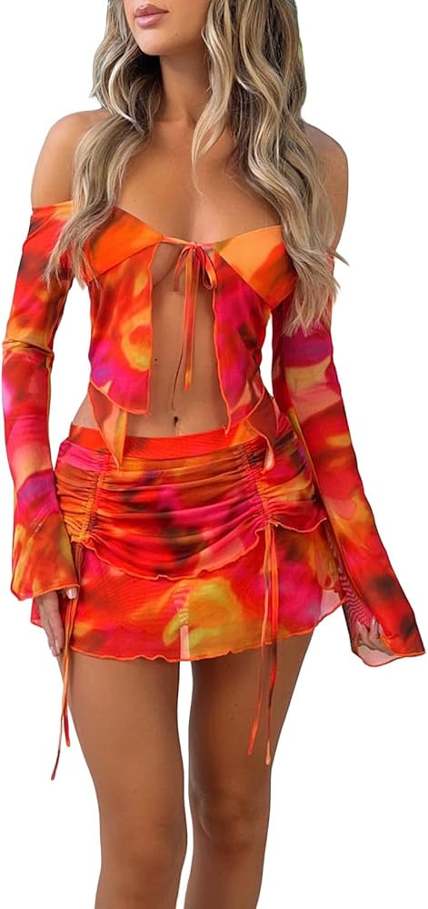 Faretumiya Women Two Piece Outfit Long Sleeve Red Top Red Skirt Outfit Orange Top Orange Skirt | Amazon (US)