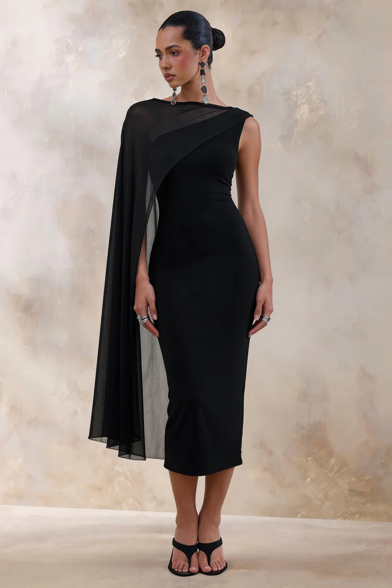 Caloria  Black Asymmetric-Neck Midi Dress With Mesh-Cape | Club L London
