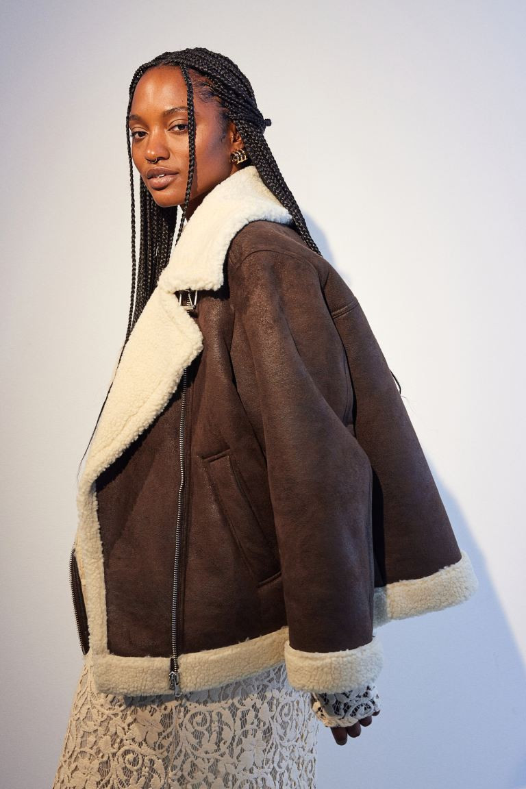 Oversized Teddy-fleece-lined Jacket - Dark brown - Ladies | H&M US | H&M (US + CA)