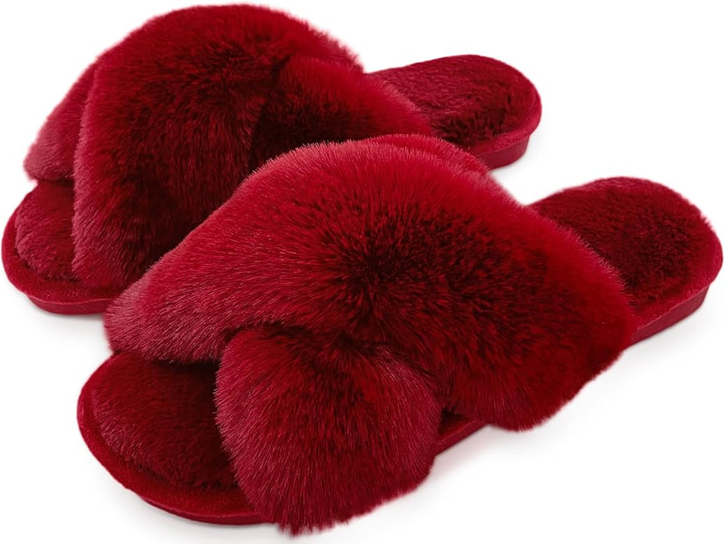 Womens Cross Band Slippers Cozy Furry Fuzzy House Slippers Open Toe Fluffy Indoor Shoes Outdoor S... | Amazon (US)