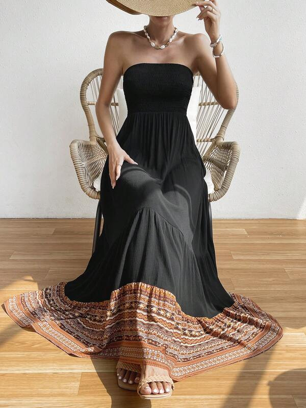 SHEIN VCAY Geo Print Ruffle Hem Tube Dress  SKU: sz2304154955039879(1 Reviews)$21.49$20.42Join fo... | SHEIN