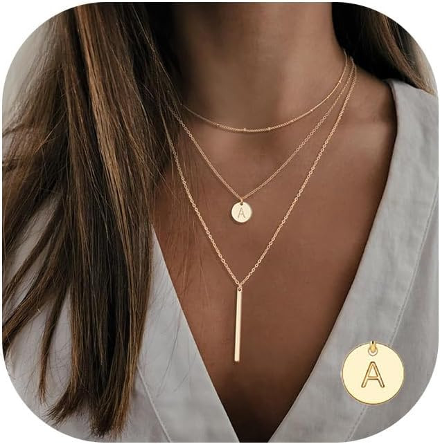 Gold Initial Layered Necklaces for Women, 14K Gold Plated Coin Letter Necklace Bar Stacking Neckl... | Amazon (US)