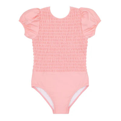 girls sorbet pink puff sleeve smocked one piece | minnow