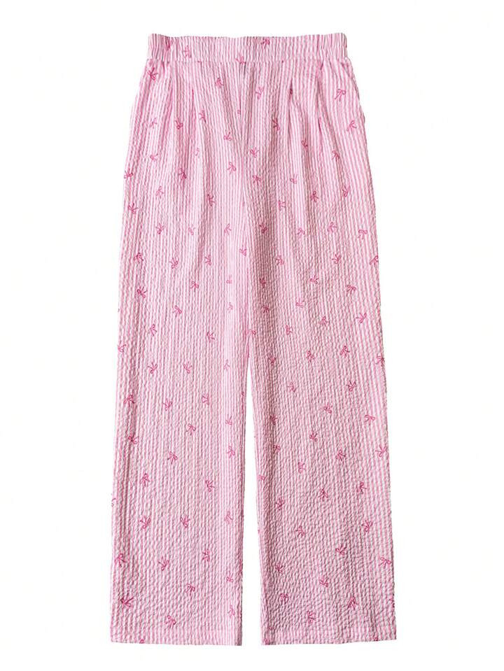 SHEIN Essnce Plus Size Women's Spring And Summer Fashion Casual Loose Comfortable Daily Basic Cool Pink Striped Bow Elastic Waist Wide Leg Pants,Y2k Clothes,Baggy Pants,Street Wear,Curve Cute Clothes,Summer Bottoms,Flowy Pants,Brunch Outfits For Women,Summer Pants | SHEIN