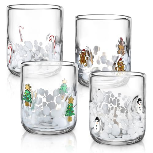 Skylety 4 Pcs Christmas Icon Glass Cups - 16 oz Icon Juice Glasses with Christmas Tree, Gingerbread, Snowman, Candy Canes Double Old Fashioned Hand Blown Drinking Cups for Xmas Party Lovely Gifts | Amazon (US)
