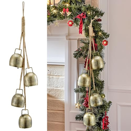 Minetom Christmas Bells, Set of 4 Rustic Style Gold Bells Handmade Metal Harmony Sound Christmas Hanging Cow Bells Complete Set on Jute Rope, Perfect for Garland, Door, Christmas Decoration | Amazon (US)