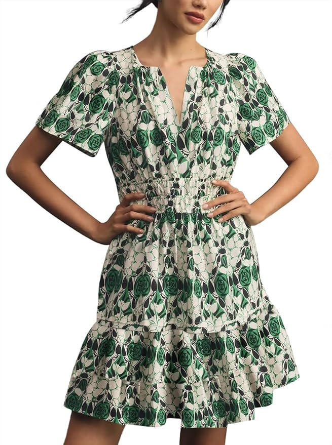 Duigluw Dresses for Women 2024 Summer Short Sleeve V Neck Casual Beach Mini A-Line Ruffle Flowy D... | Amazon (US)