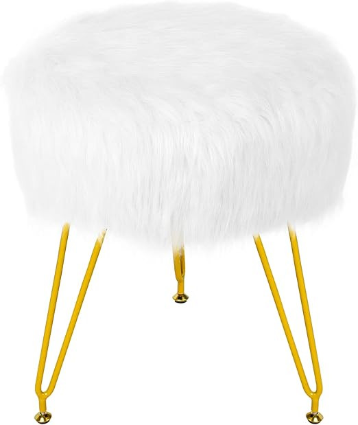 White Faux Fur Vanity Stool, Vanity Stool Round for Vanity Desk, Ottoman Footrest Stool with Meta... | Amazon (US)