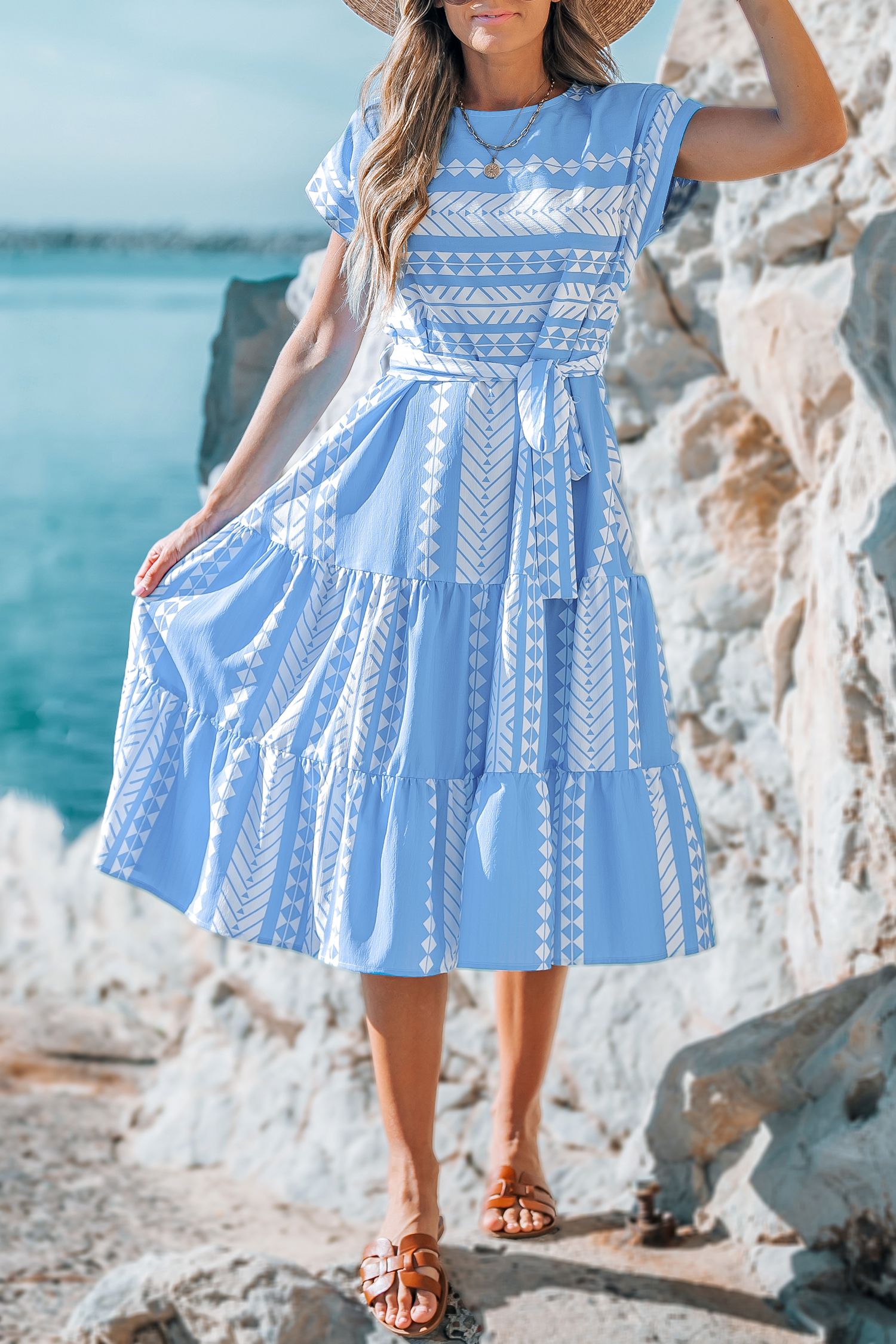 Blue and White Geometric Patchwork Dress | Cupshe US