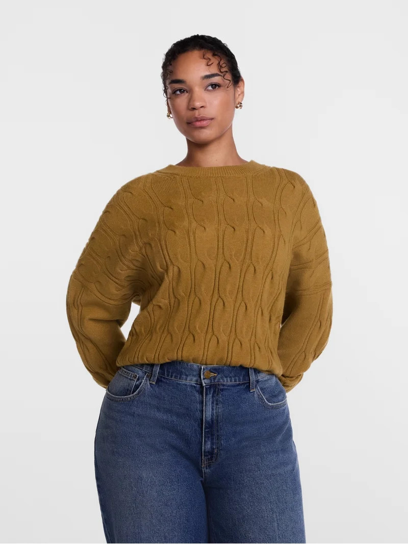 Scenario Women's Crewneck Cable Knit Mid-weight Sweater, Sizes XS-XXXL | Walmart (US)