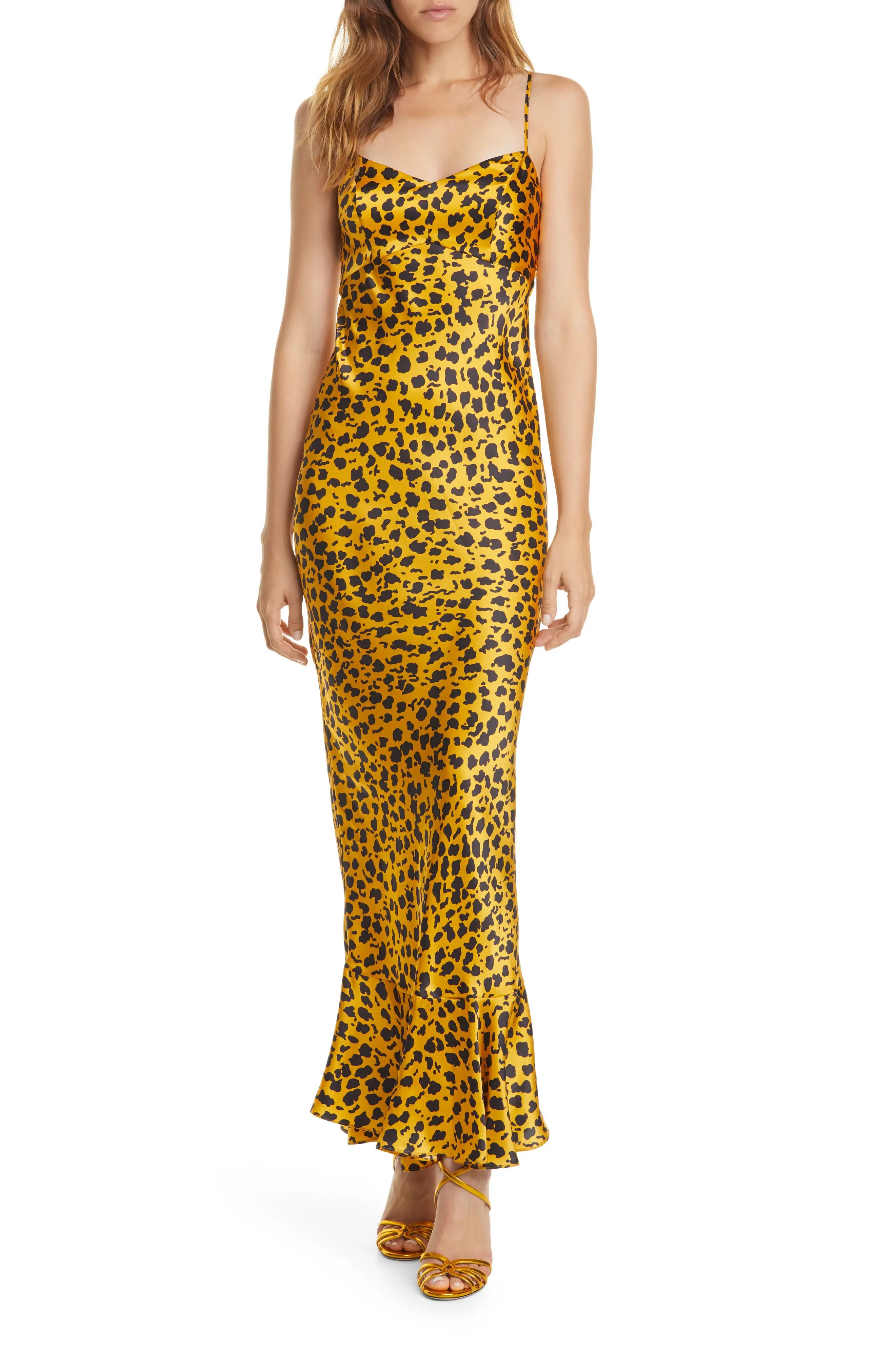 Women's Saloni Mimi Leopard Silk Satin Maxi Dress, Size 12 - Black | Nordstrom