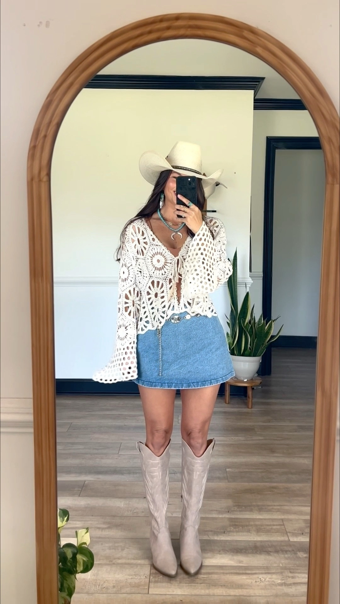 Love this little tie bell sleeve crochet top! Paired with denim skort and pair of boots! Code LORILYNN35 for skort & LORI for boots 

#LTKootd #LTKFestival #LTKgrwm
