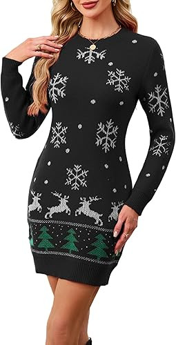 Womens Ugly Christmas Sweater Dress Winter 2025 Reindeer Snowflake Knit Crew Neck Long Sleeve Mid... | Amazon (US)