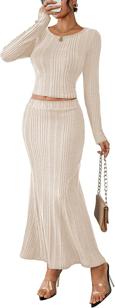 HUUSA Skirt Sets for Women 2 Piece Outfits 2025 Fall Crop Top Maxi Skirt Set Going Out Dress Tren... | Amazon (US)