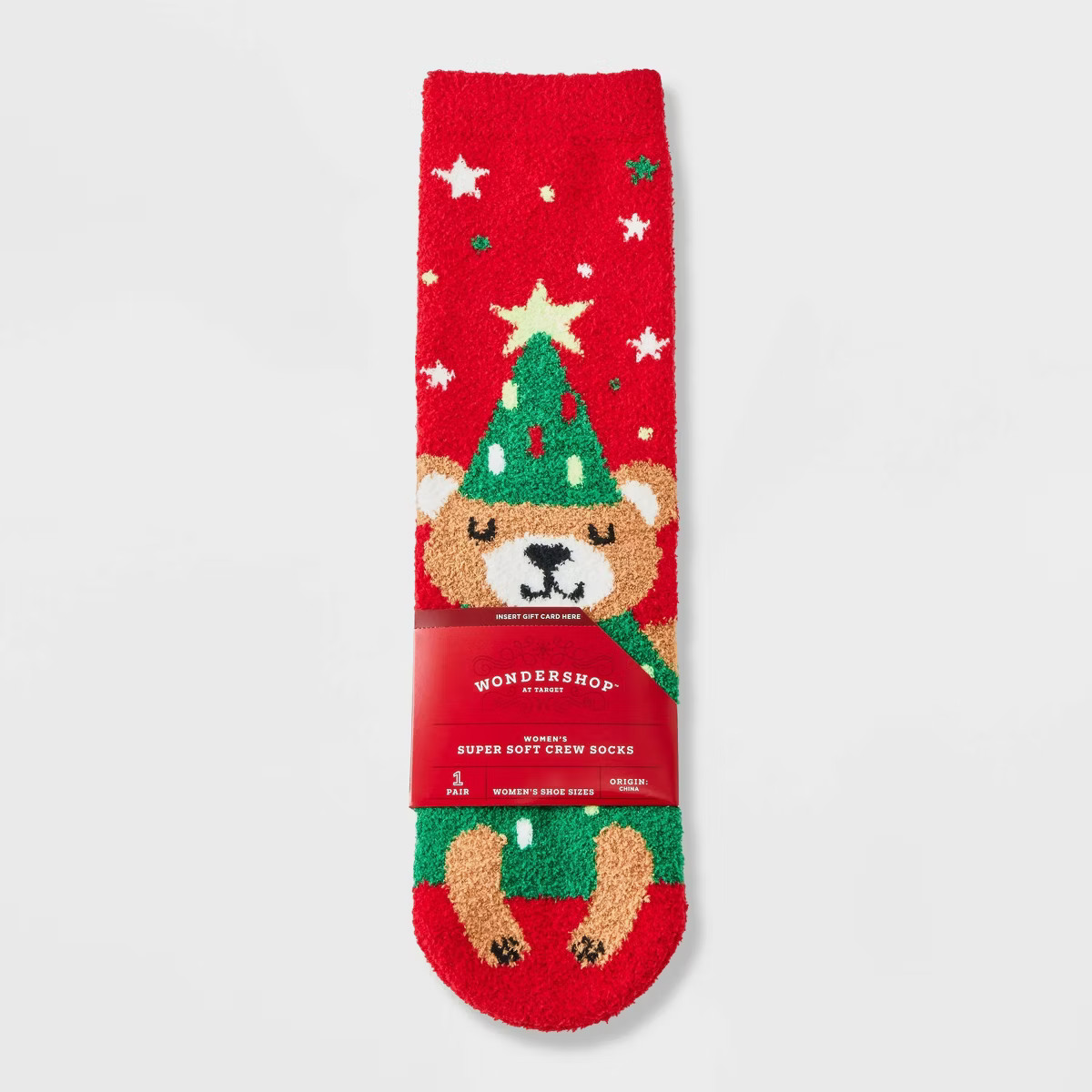 Women's Christmas Tree Bear Cozy Crew Socks with Gift Card Holder - Wondershop™ Red/Green/Tan 4... | Target