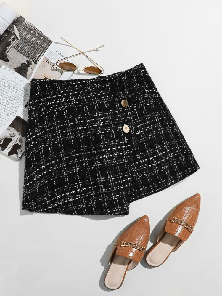 SHEIN Button Front Tweed Skort | SHEIN