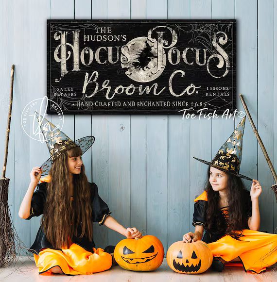 Hocus Pocus Sign Halloween Home Decor Name Sign Witch Flying Broom Full Moon Scary Rustic Fall Vi... | Etsy (US)