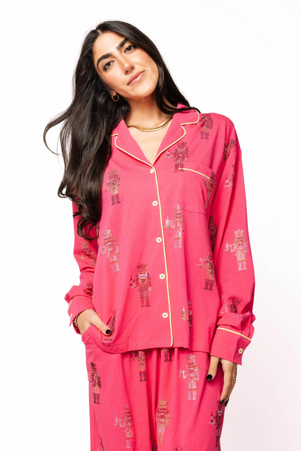 Hot Pink Serving Nutcracker Long Sleeve Pj Top | Queen of Sparkles