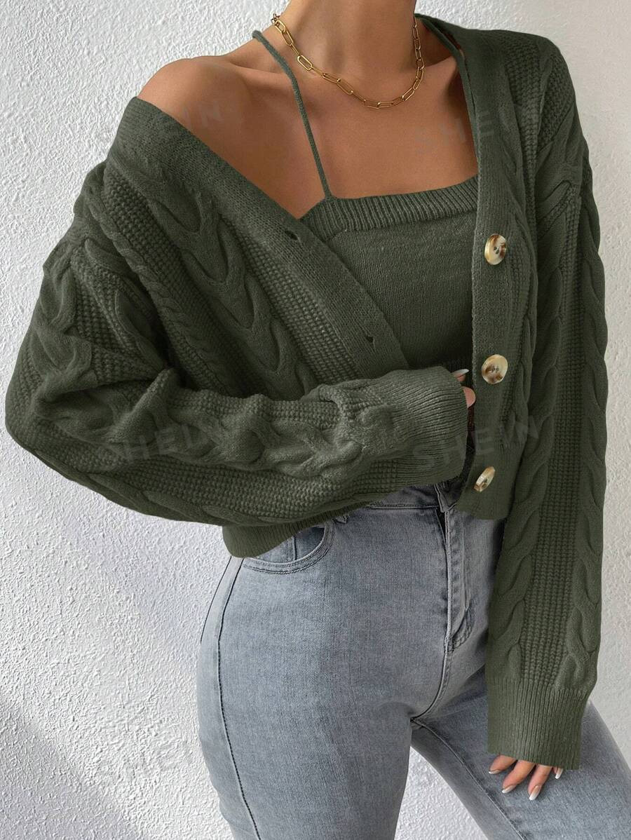 SHEIN MOOSTA 2pcs/Set Casual Solid Color Short Cardigan And Halter Top, Autumn/Winter | SHEIN