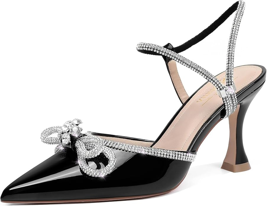 Susanny Women's Closed Toe Rhinstone Wedding Low Heel Slingback Clear Kitten Heels,Adjustable Str... | Amazon (US)