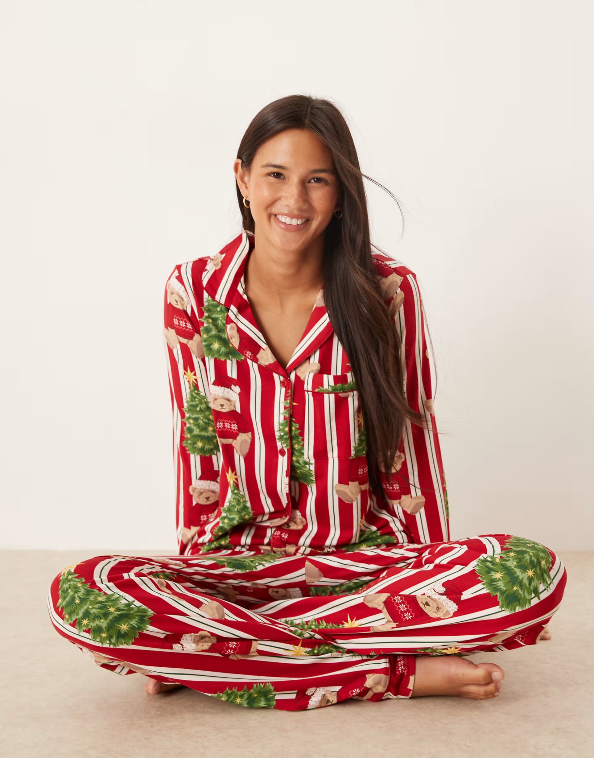 Chelsea Peers His & Hers poly long sleeve revere pyjama set in Christmas Teddy stripe print | ASO... | ASOS (Global)
