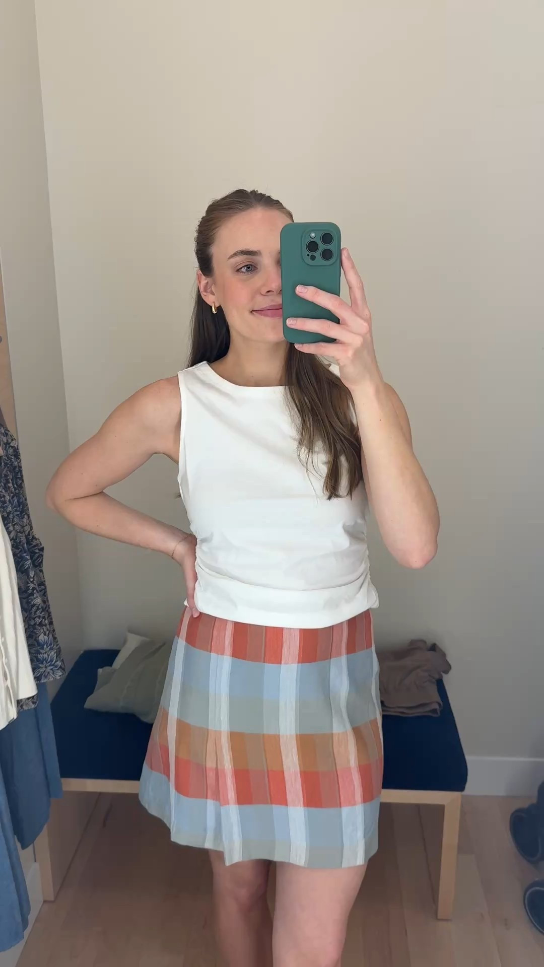 This skirt was a little too “schoolgirl” for me. I think it would be better if it was 2 inches shorter? But the colors are so fun! #miniskirt #linen #summer 